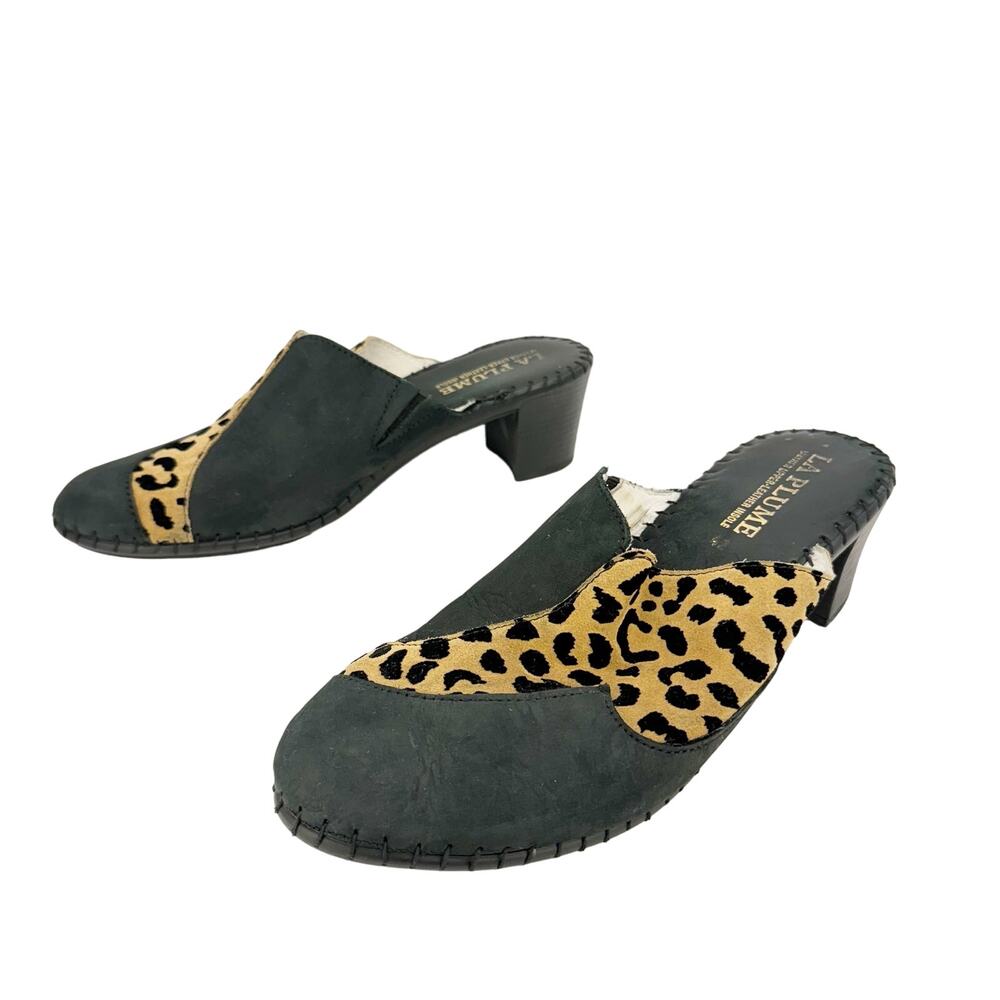 La Plume Black‎ Patch Cheetah Print Leather Block Heel Mules Sz 42 (11.5-12)